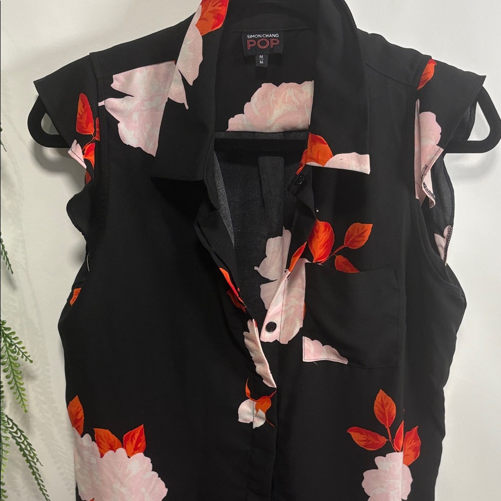 Pop Women's Black Button-Down with Pink and Orange Floral Design